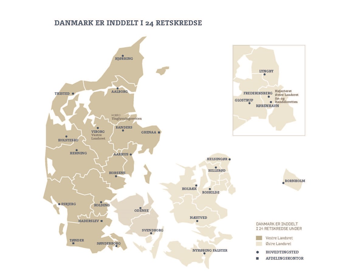 Danmarkskort med 24 retskredse og deres hovedtingsteder og bitingsteder